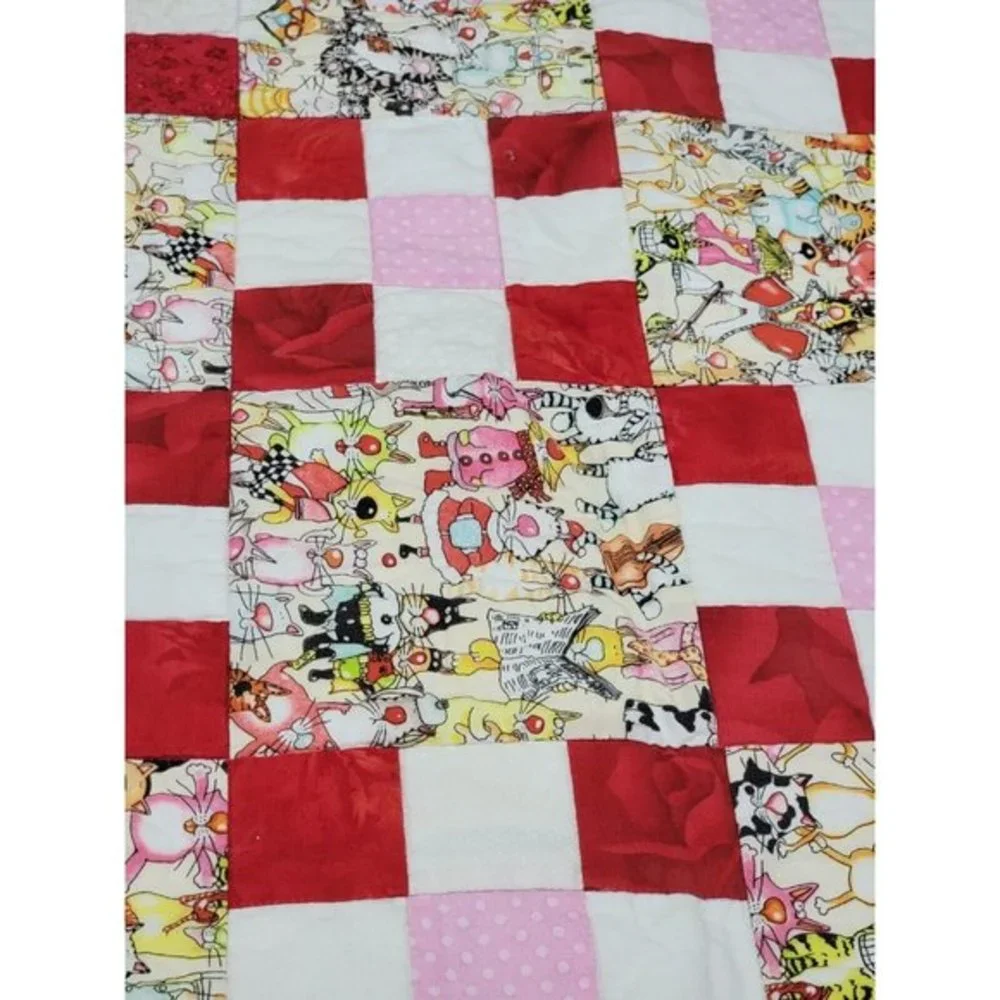 Vintage 90s Julies Journey Bunny Rabbit Quilted Blanket Handmade‎ Reversible